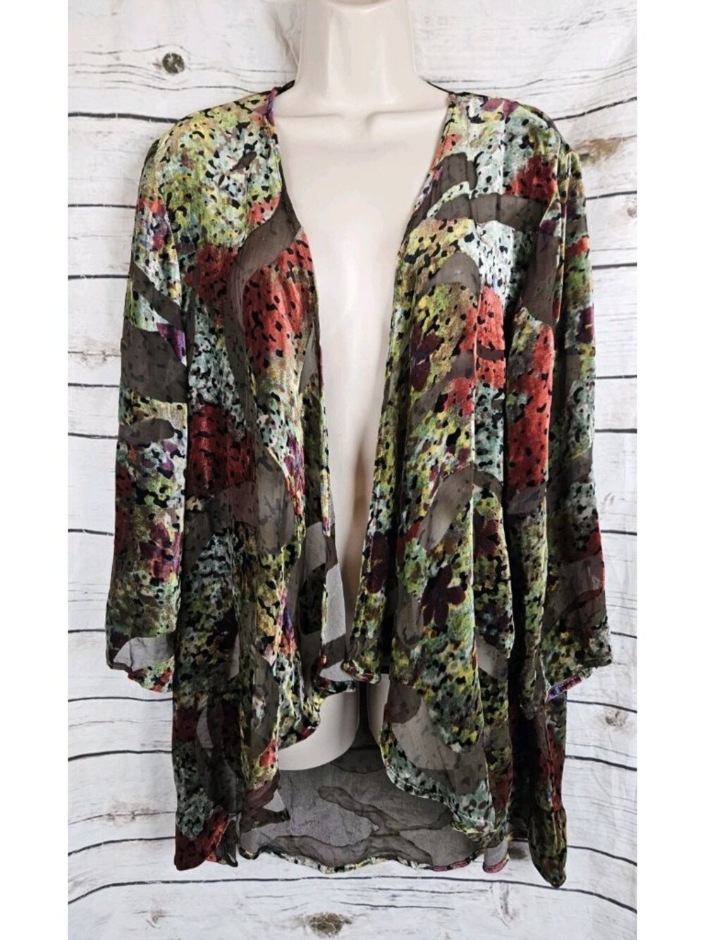 Cocoon House Dark Floral Velvet Burnout Kimono Cardigan L/XL Silk Blend